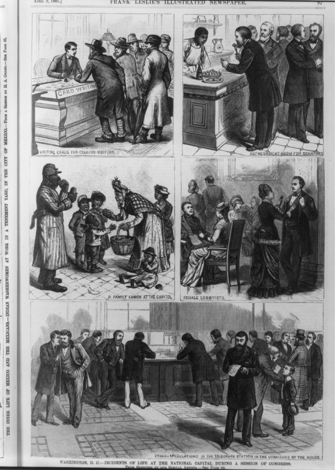 Washington, D.C. - Incidents of Life at the National Capitol during a session of Congress: 1. Writing cards for country visitors; 2. Refreshment room for senators; 3. A family lunch at the Capitol; 4. Female lobbyists; 5. Stock speculations in the telegraph station in the corridors of the house, 1881 — antique engraving