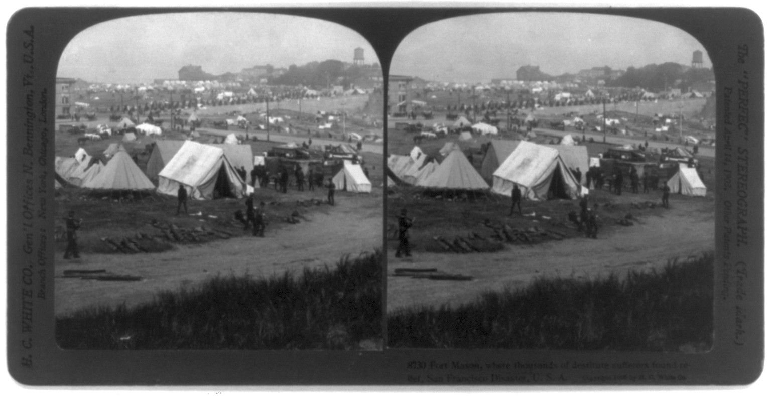 San Francisco earthquake, 1906: Fort Mason, where thousands of destitute sufferers found relief, c1906. — historic photograph