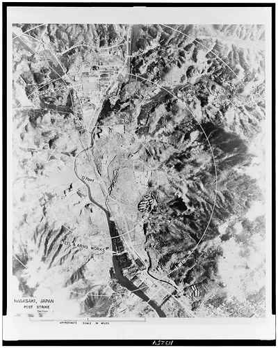 Aerial view of Nagasaki, after the bombing, ...