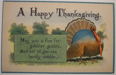 A Happy Thanksgiving postcard with turkey and verse