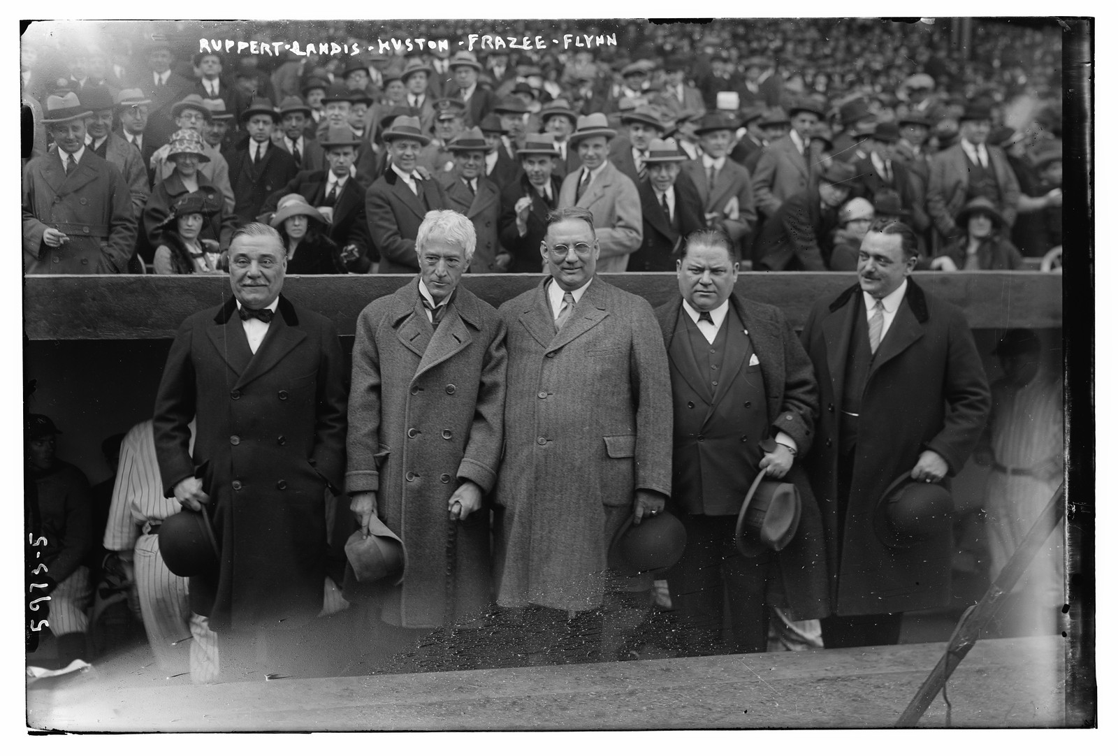 Ruppert, Landis, Huston, Frazee, Flynn, 4/19/23 opening day Yankee Stadium, 4/19/23. — historic photograph