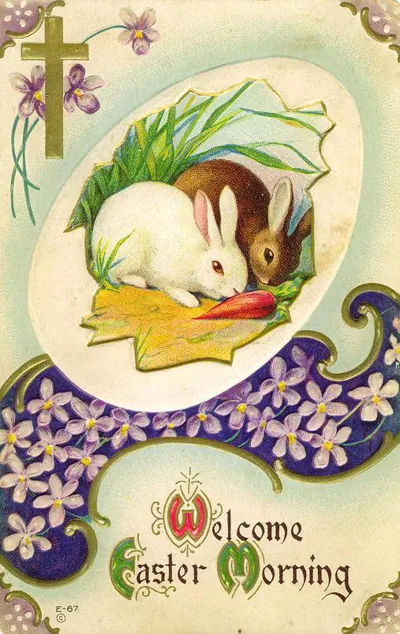 Welcome Easter Morning postcard with white and brown rabbits