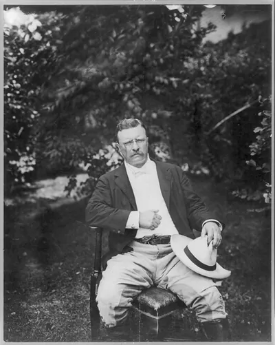 [Theodore Roosevelt, 1858-1919, three-quarters length, seated, facing slightly right, holding hat on leg]
