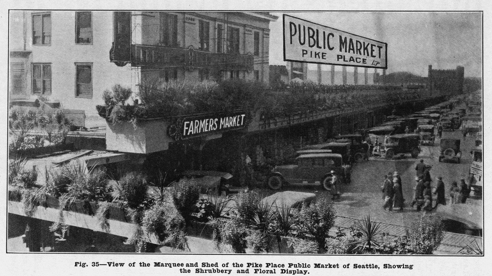 View of the Marquee and Shed, Pike Place Public Market, Seattle — historic image