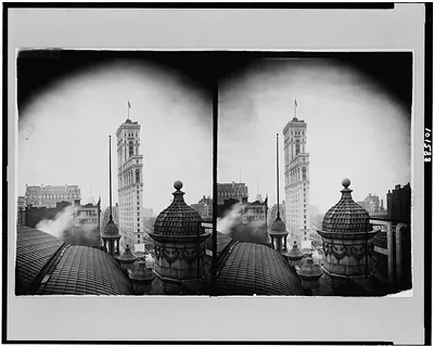 [View from roof top showing top of Hotel Cadillac and New York Times Building]