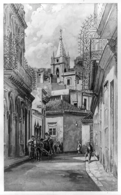 [Street scene in old Havana, Cuba, with steeple of church in background]