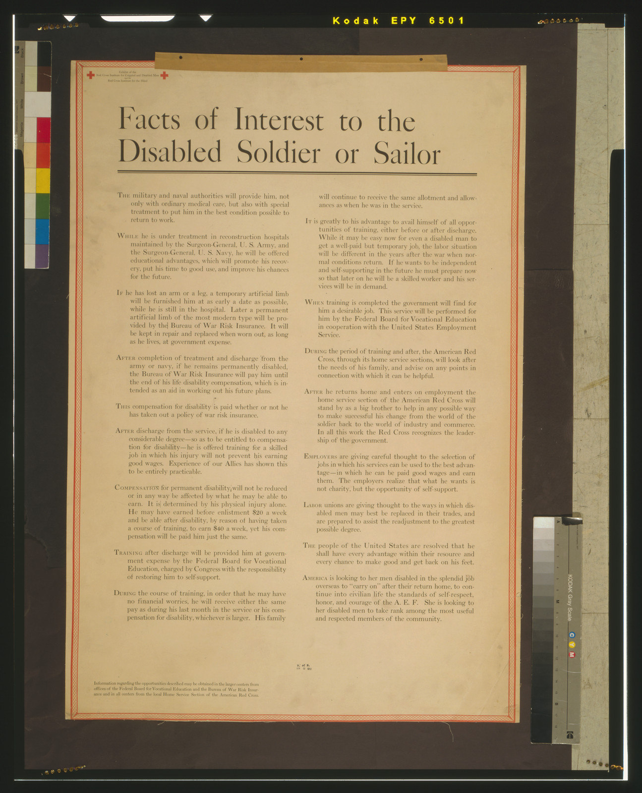 Facts of interest to the disabled soldier or sailor The military and naval authorities will provide him [...]., 1919 — vintage poster
