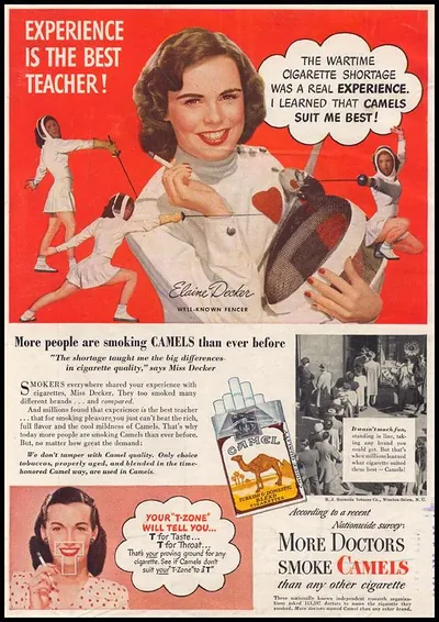 Camel cigarettes wartime advertisement with fencer Elaine Decker