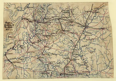 Hand-drawn map of the Vicksburg and Jackson environs, Mississippi