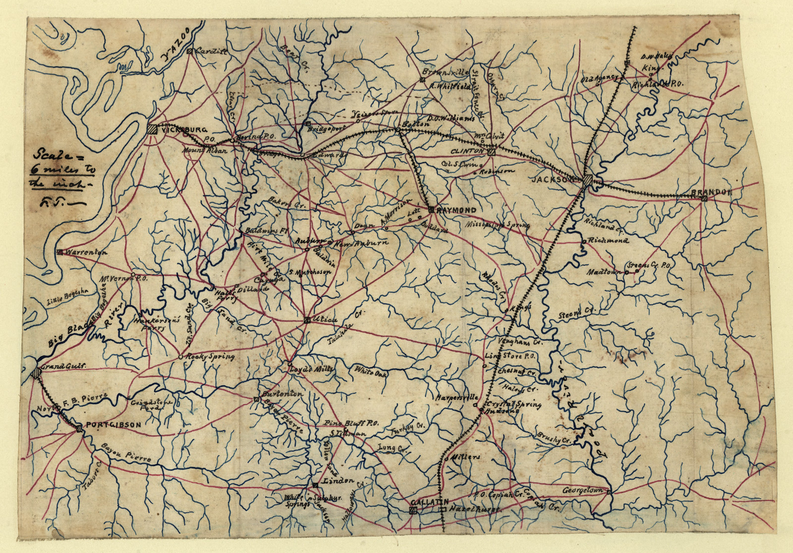 Hand-drawn map of the Vicksburg and Jackson environs, Mississippi — antique map