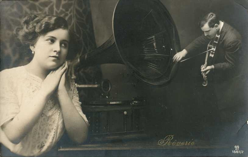Rêverie: Woman Beside Gramophone, Man Playing Violin — historic image