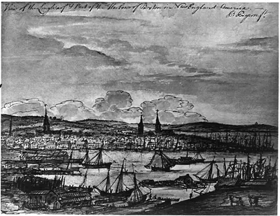 View of the long wharf and part of the harbour of Boston in New England, America