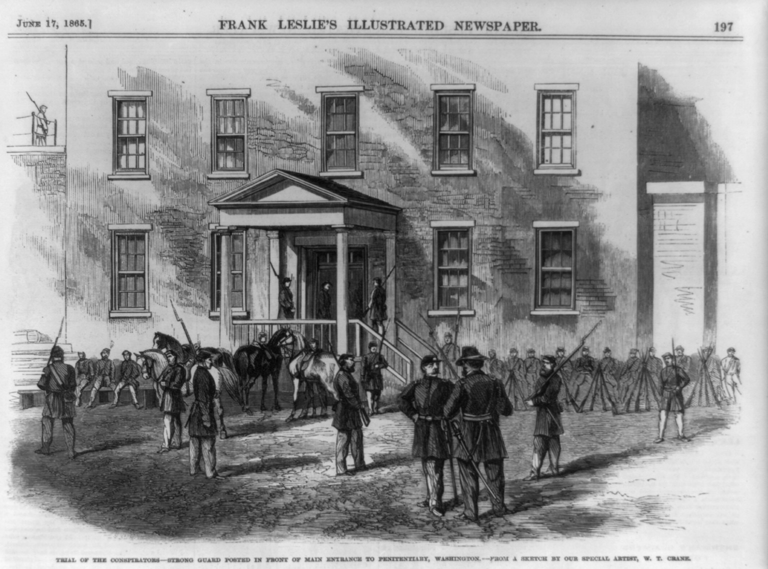 Trial of the conspirators - Strong guard posted in front of main entrance to penitentiary, Washington, 1865 — antique engraving