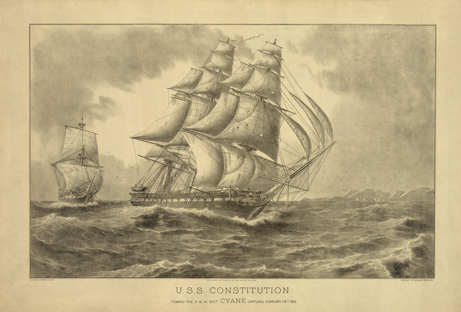 U.S.S. Constitution towing H.B.M. Ship Cyane, February 28, 1815 — historic image