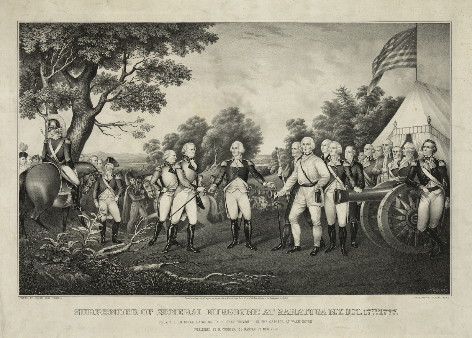 Surrender Of General Burgoyne At Saratoga, New York, Oct, c. 1852 — antique lithograph