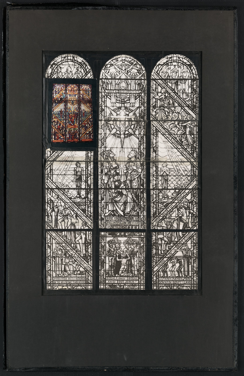 Design drawing for stained glass window with spirituals text — historic drawing