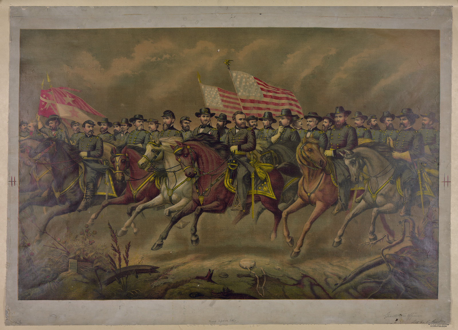 Mounted Civil War officers with flags, chromolithograph print — antique lithograph