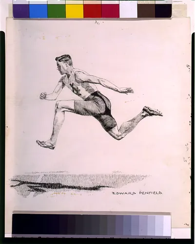 Runner mid-leap in pen and ink, signed Edward Penfield