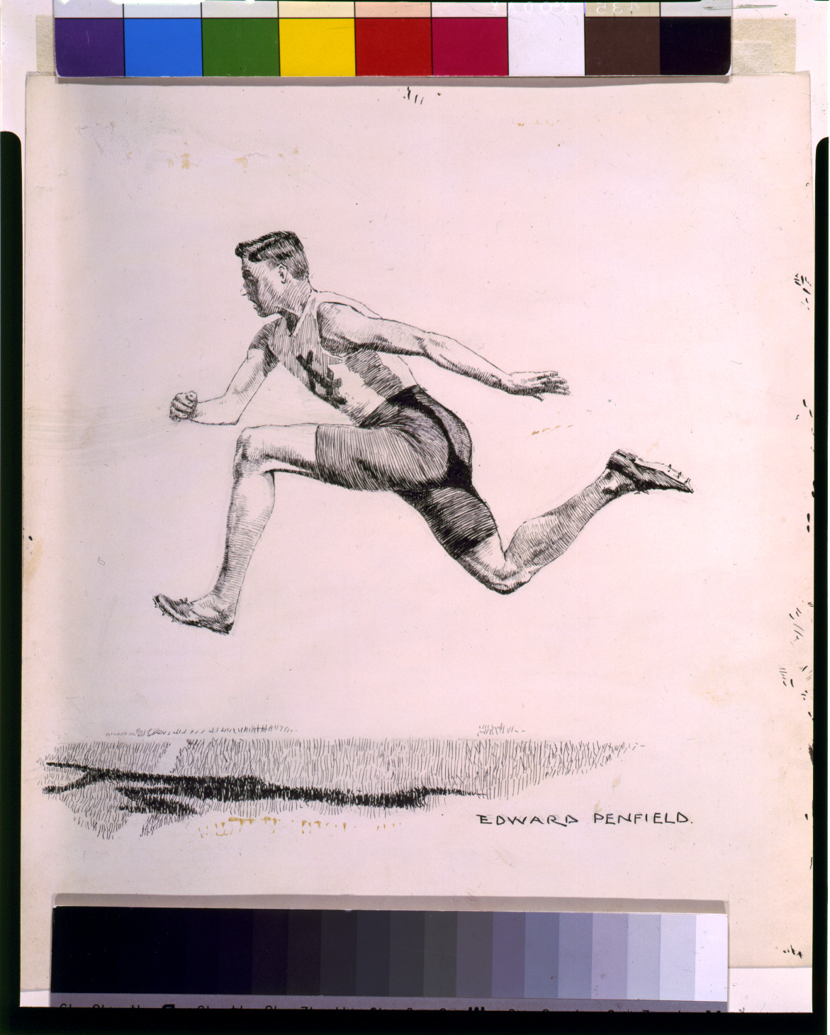 Runner mid-leap in pen and ink, signed Edward Penfield — historic image