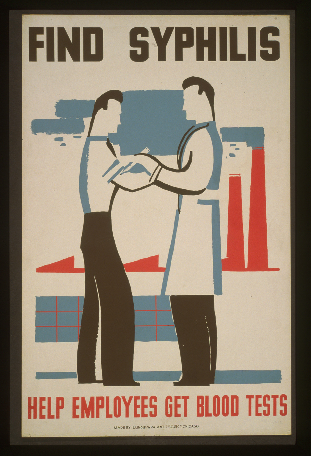 Find syphilis Help employees get blood tests., 1936 — vintage poster