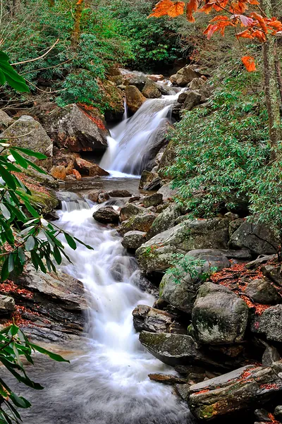 Waterfall cascading over mossy rocks with autumn leaves