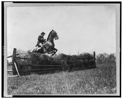 [Theodore Roosevelt, on horseback, facing right; jumping fence]