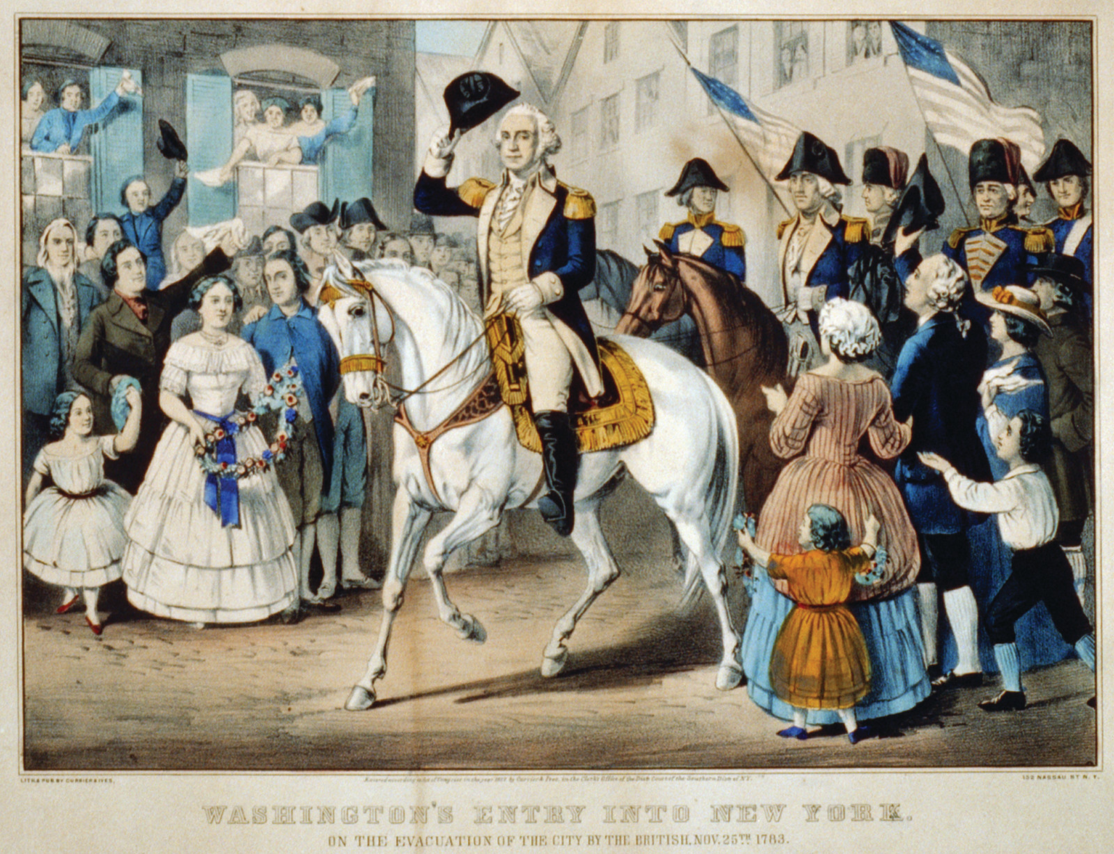Washington's entry into New York: on the evacuation of the city by the British, Nov. 25th. 1783, New York : Published by Currier & Ives, c1857. — antique lithograph
