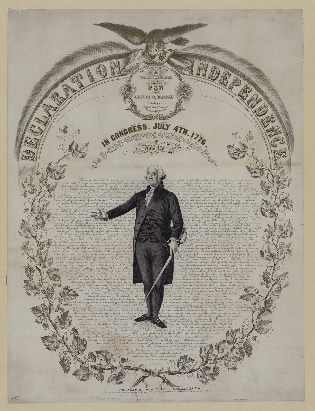 Declaration of Independence engraved print with Washington figure — historic print