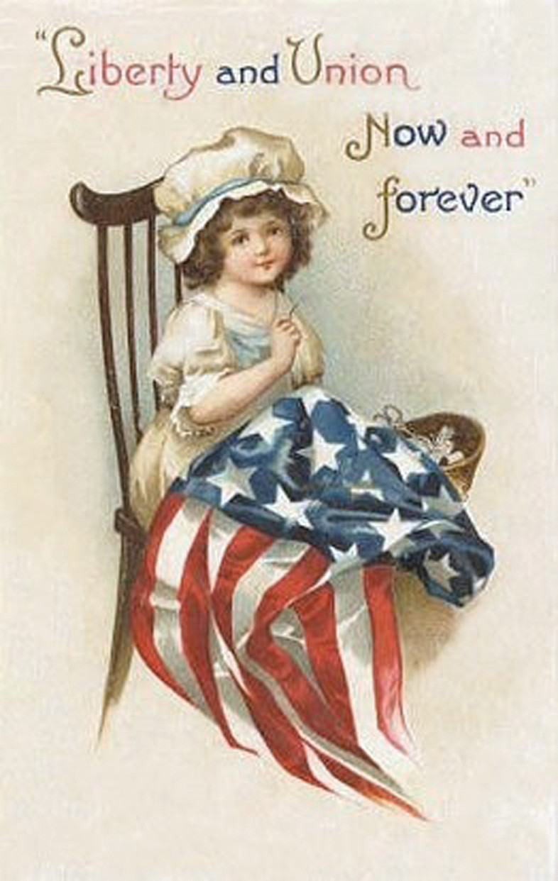 Girl in bonnet with flag, "Liberty and Union Now and Forever — historic image