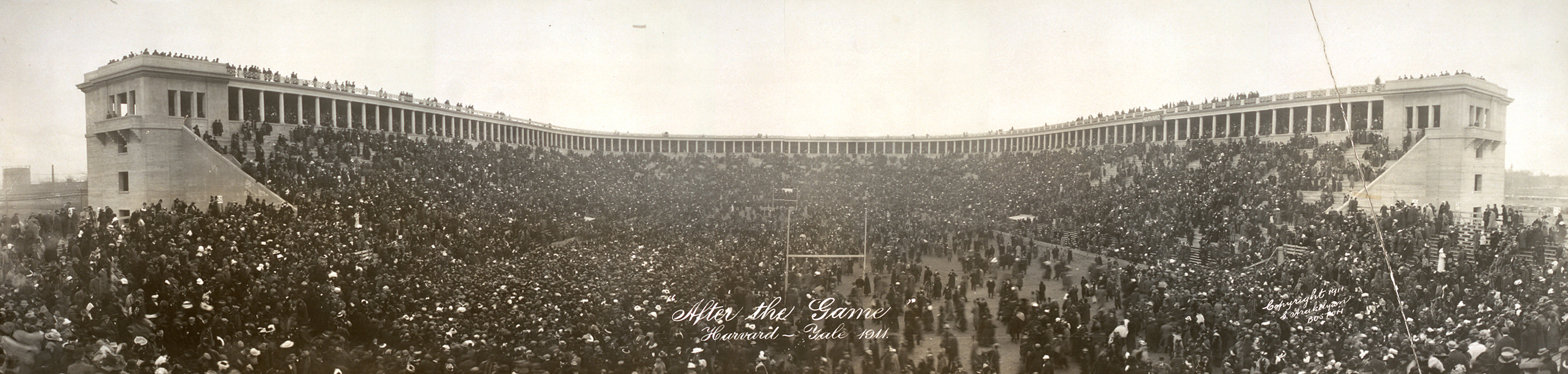 After the Game: Harvard Stadium football crowd panorama — historic image
