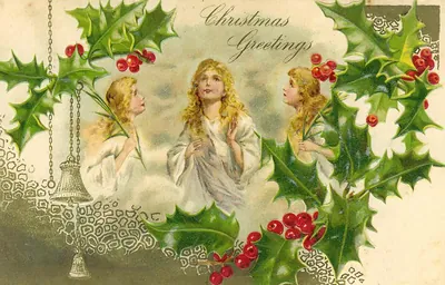 Christmas Greetings postcard with angels and holly