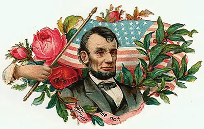 Portrait with flag, roses and 'Forget me not' ribbon