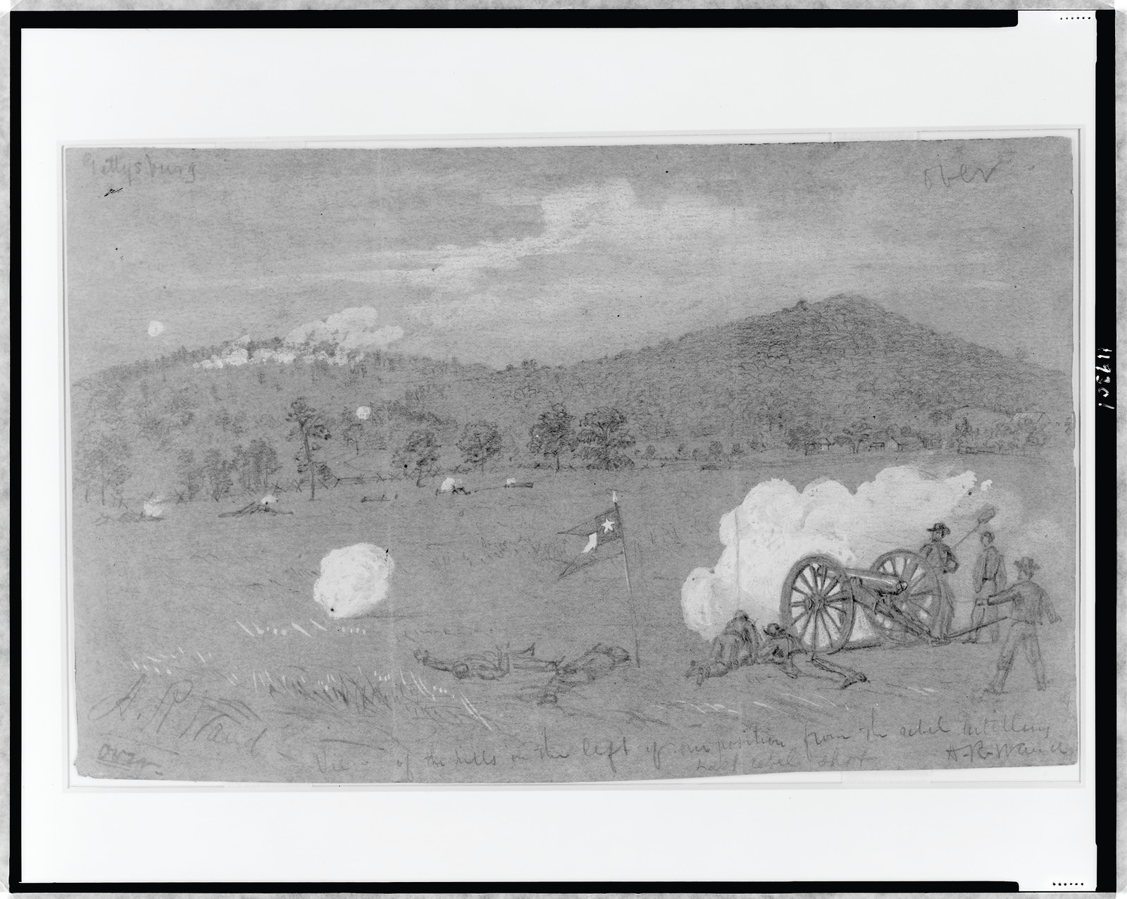 Gettysburg. View of the hills on the left of our position from the Rebel artillery, last Rebel shot, [1863 between July 1 and 3] — historic drawing