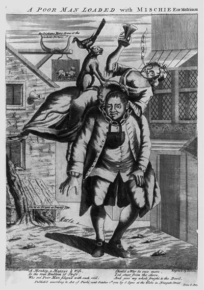A poor man loaded with mischief, or matrimon[y] / drawn by Experience ; engrav'd by Sorrow.
