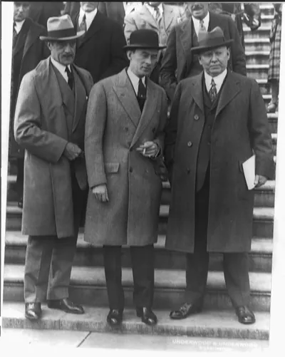 [James John Walker, 1881-1946, full-length portrait, standing, with William E. Walsh and Charles L. Craig, leaving U.S. Capitol]