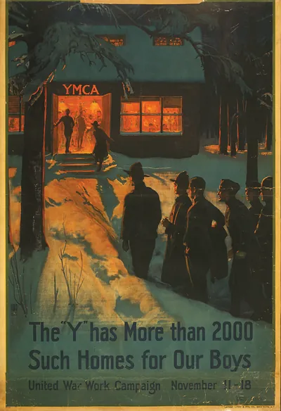 YMCA war work campaign poster, soldiers entering snowy home