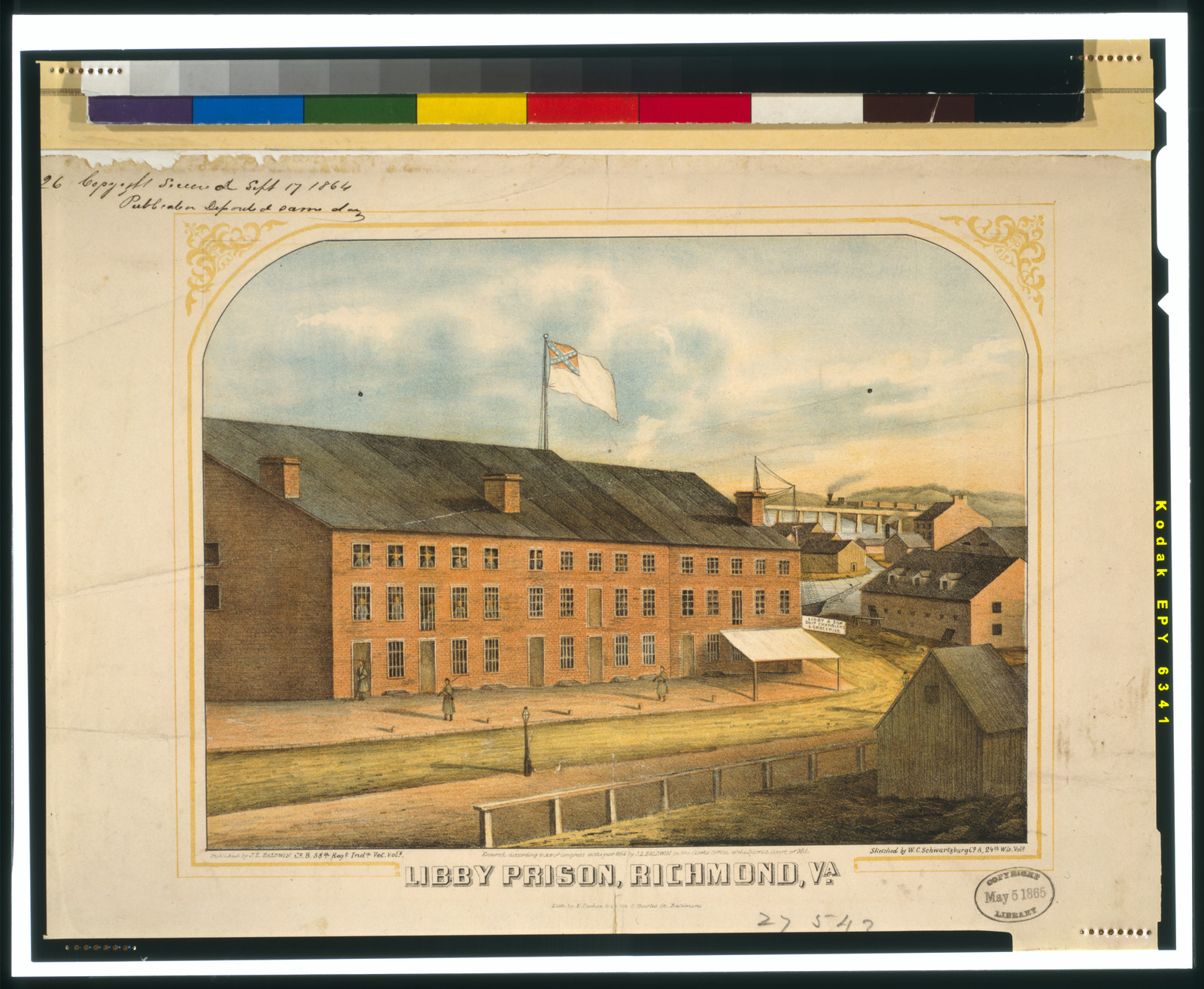 Libby Prison, Richmond, Va. / sketched by W.C. Schwartzburg, Co. A, 24th Wis. Vols. ; lith. by E. Sachse & Co., Baltimore., Published by J.L. Baldwin Co. B 58th Regt. Inda. Vet. Vols. c1865. — antique lithograph