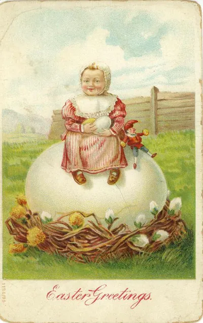 Easter Greetings postcard: child seated on giant egg