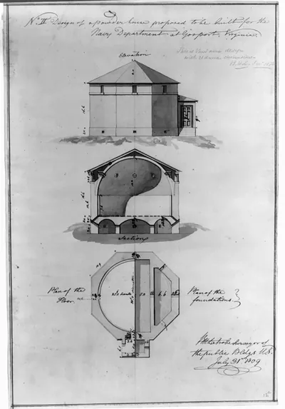 [Powder magazine for the Navy Department, Gosport Navy Yard, Portsmouth, Virginia. Elevation, section, plan]