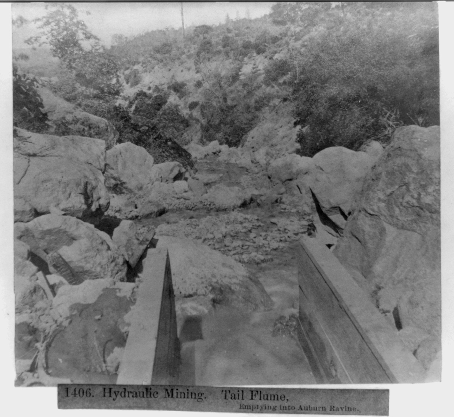 Hydraulic Mining - Tail Flume, emptying into Auburn Ravine, [published 1866] — historic photograph
