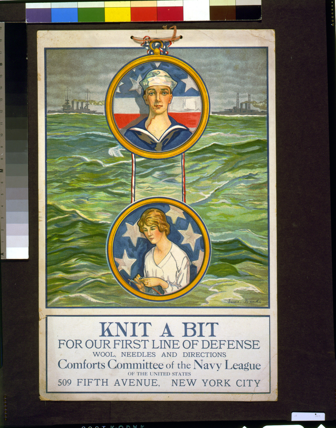 Knit a bit for our first line of defense Wool, needles and directions / Jessie Banks., New York : [1917(?)] — vintage poster