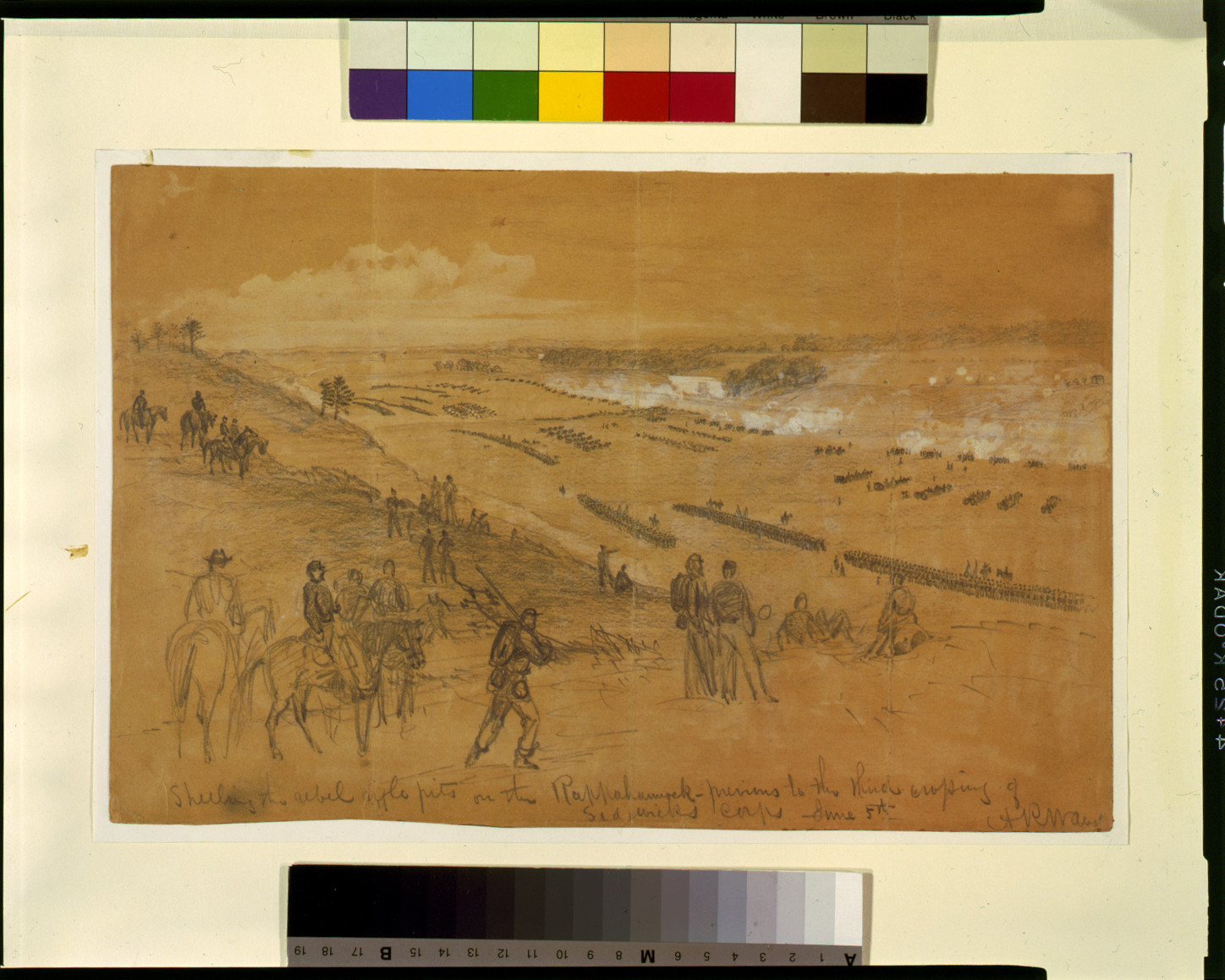 Shelling the rebel rifle pits on the Rappahannock--previous to the third crossing of Sedgwicks corps June 5th, [1863] June 5. — historic drawing