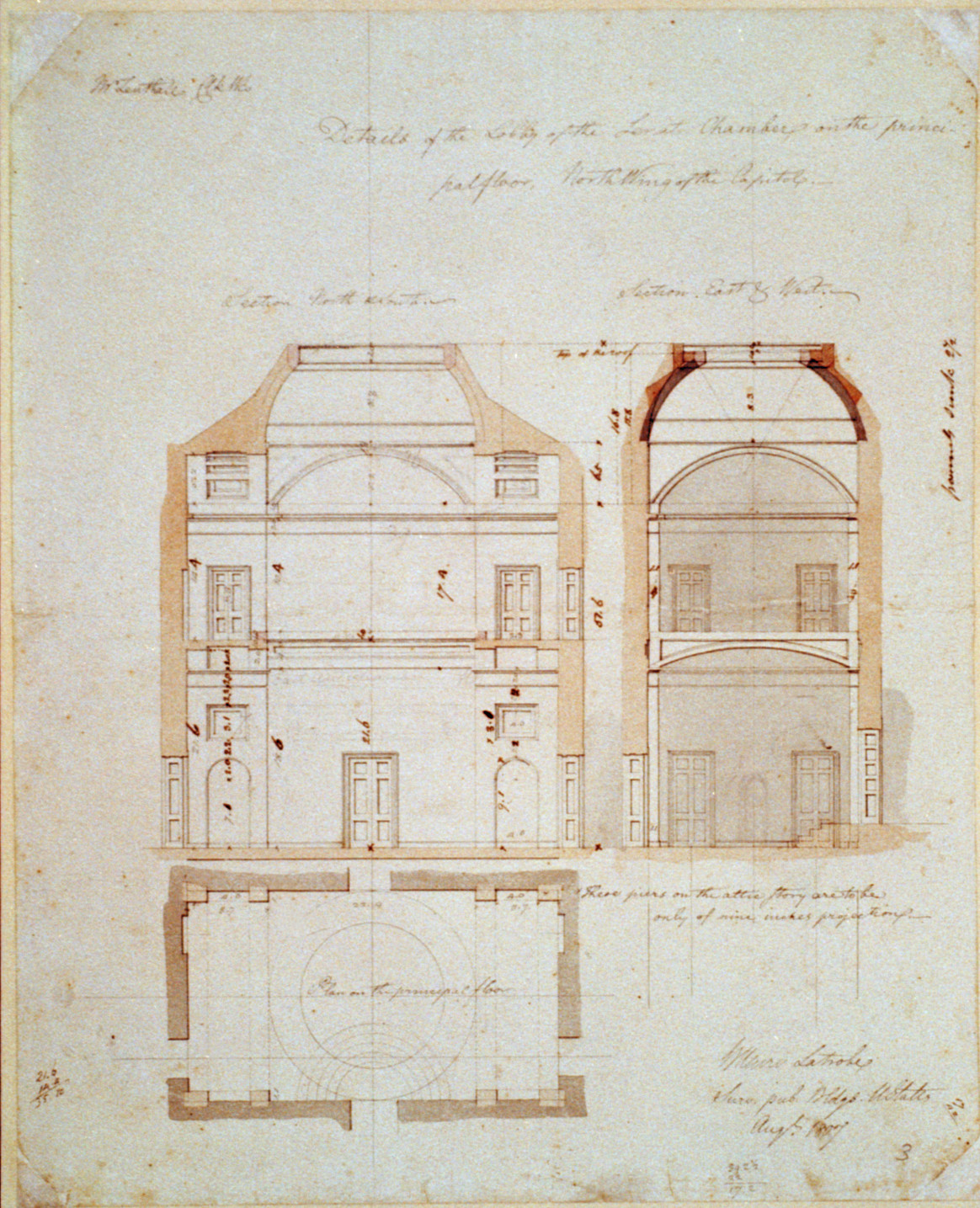 [United States Capitol, Washington, D.C. Senate Chamber Lobby, north wing, plan & section], 1807 August. — historic drawing