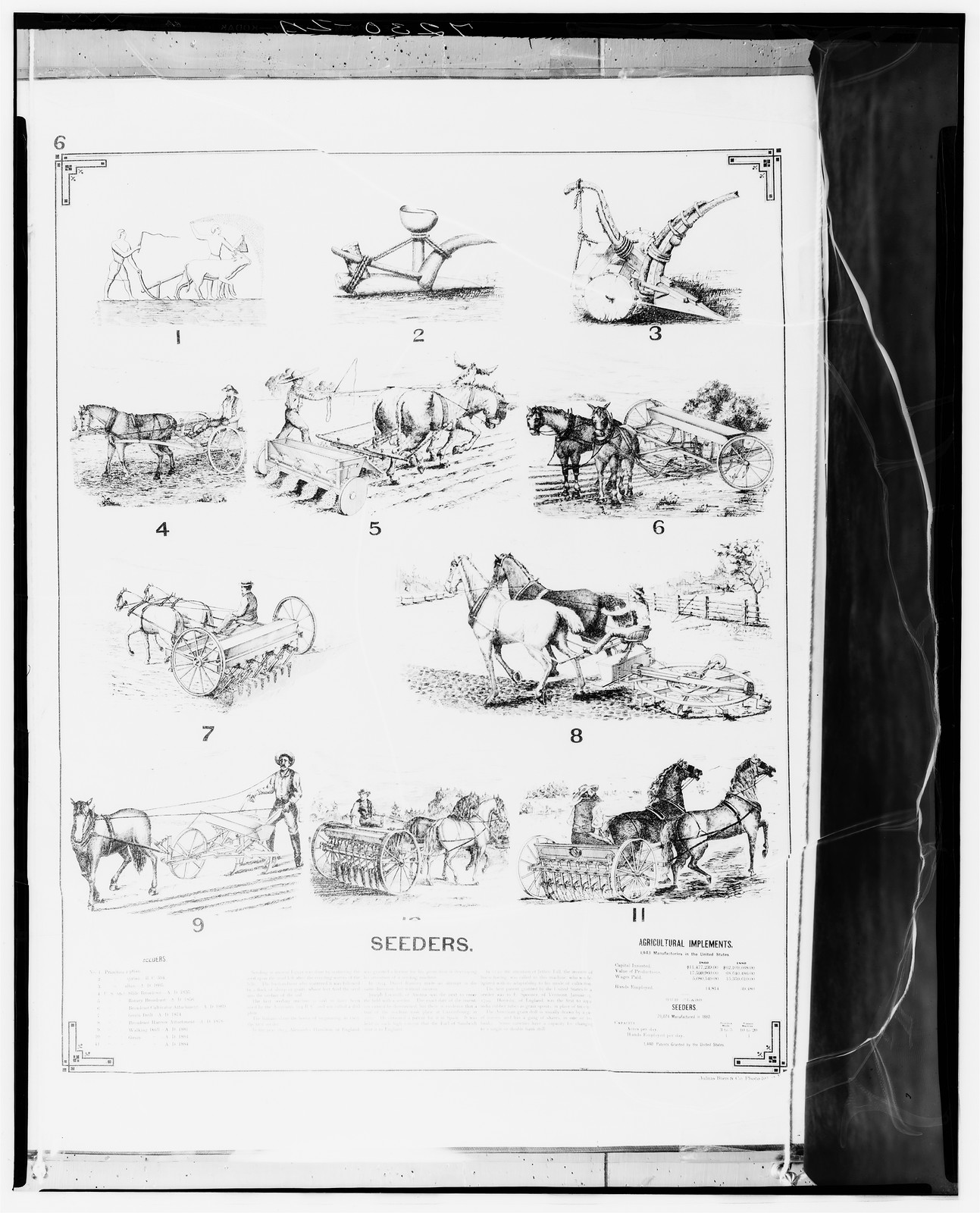 Seeders: page of numbered agricultural implement engravings — antique engraving