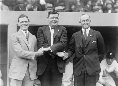 Three base ball stars here for the World Series. L. to R: George Sisler, Babe Ruth and Ty Cobb
