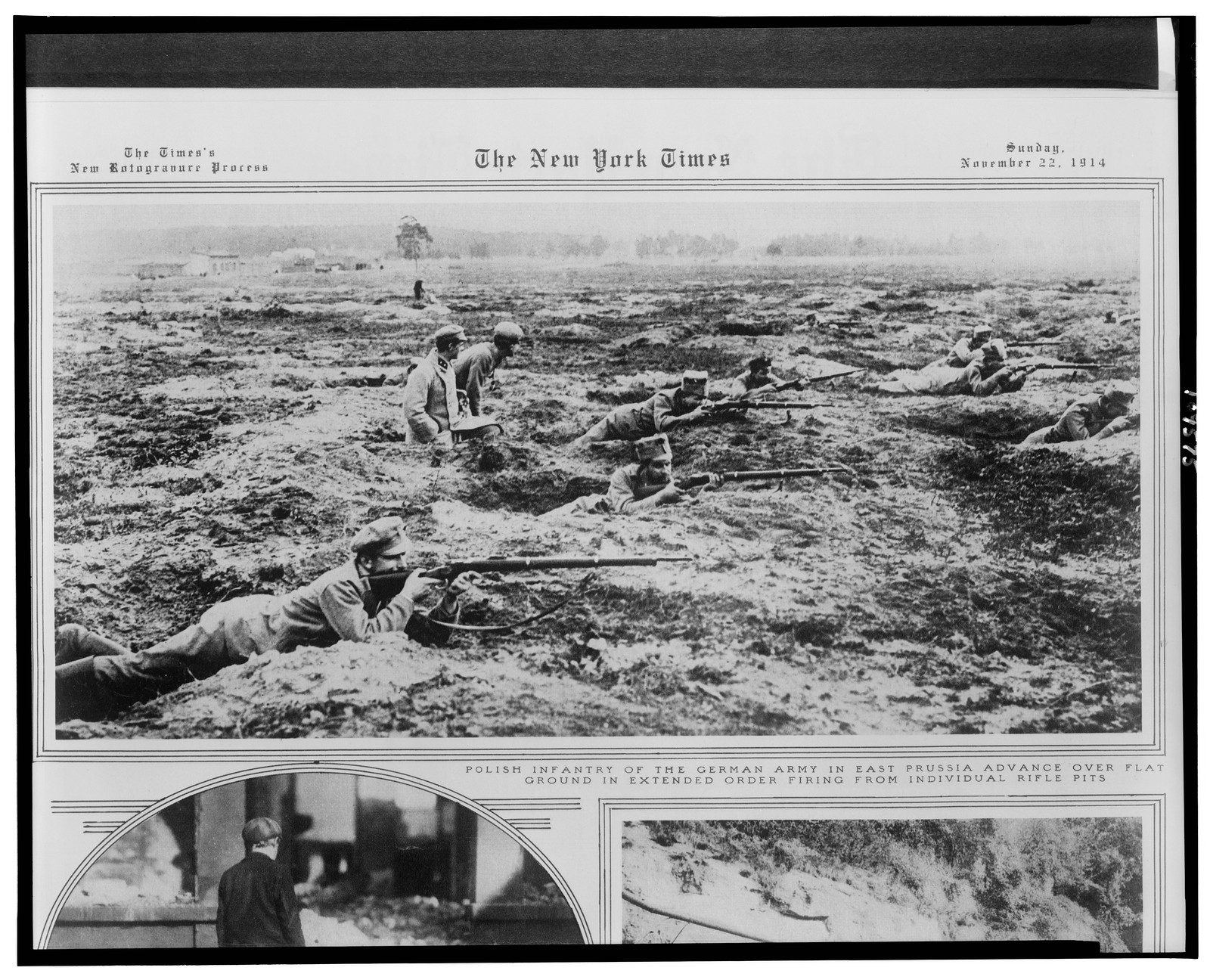 Polish infantry of the German army in East Prussia advance over flat ground in extended order firing from individual rifle pits, [published 1914] — historic print