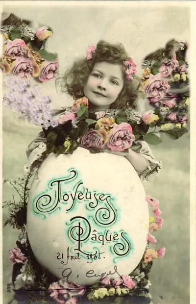 Hand-tinted Easter postcard with girl and egg