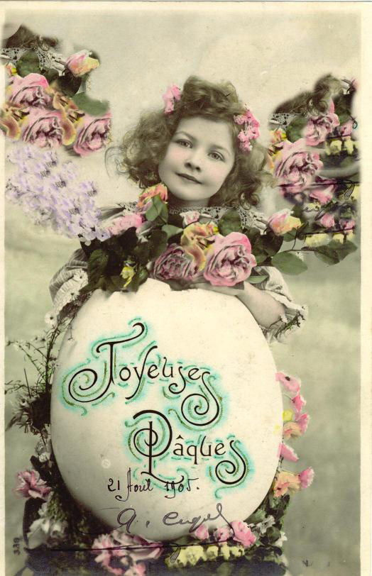 Hand-tinted Easter postcard with girl and egg — vintage postcard