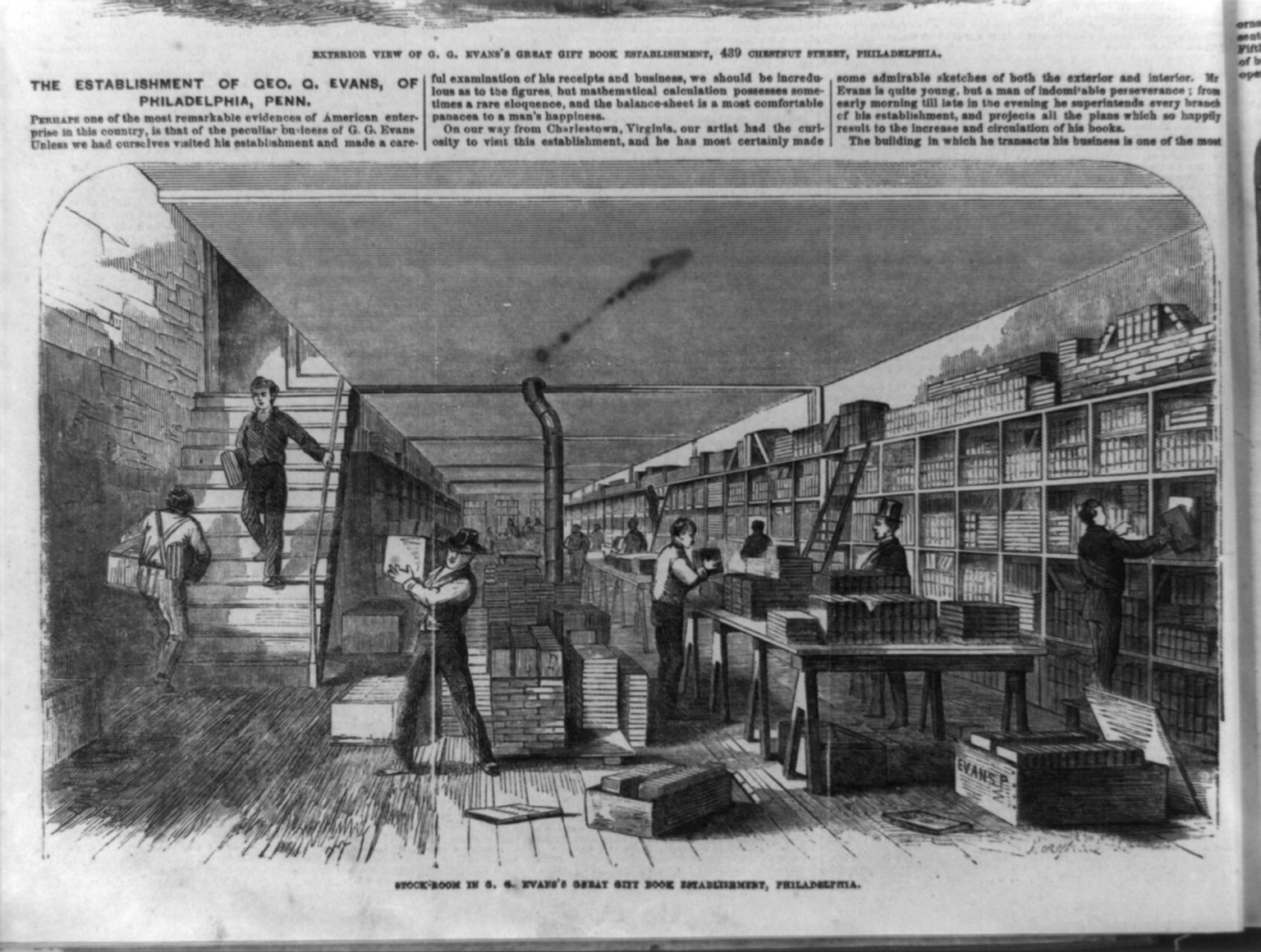 G. G. Evans's great gift book establishment, 439 Chestnut Street, Philadelphia: Stockroom, 1859 — antique engraving