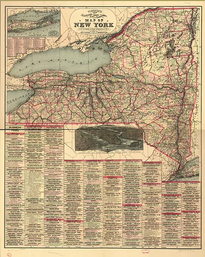 NY State Tunisons railroad, distance, and township map of New York from latest surveys